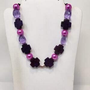 Purple Stone Cross Pink Glass Bead Chunky Collar Necklace Toggle Closure Jewelry